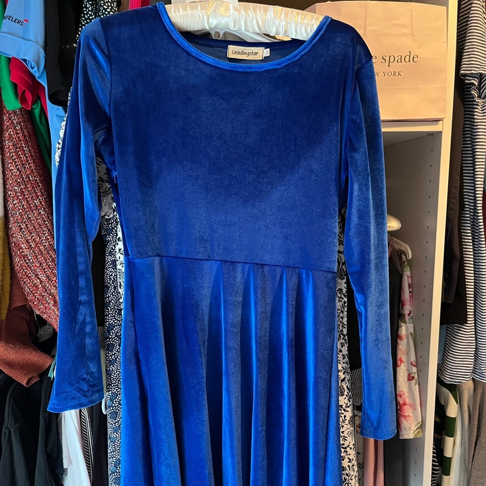 Blue Velvet Long-Sleeved Dress